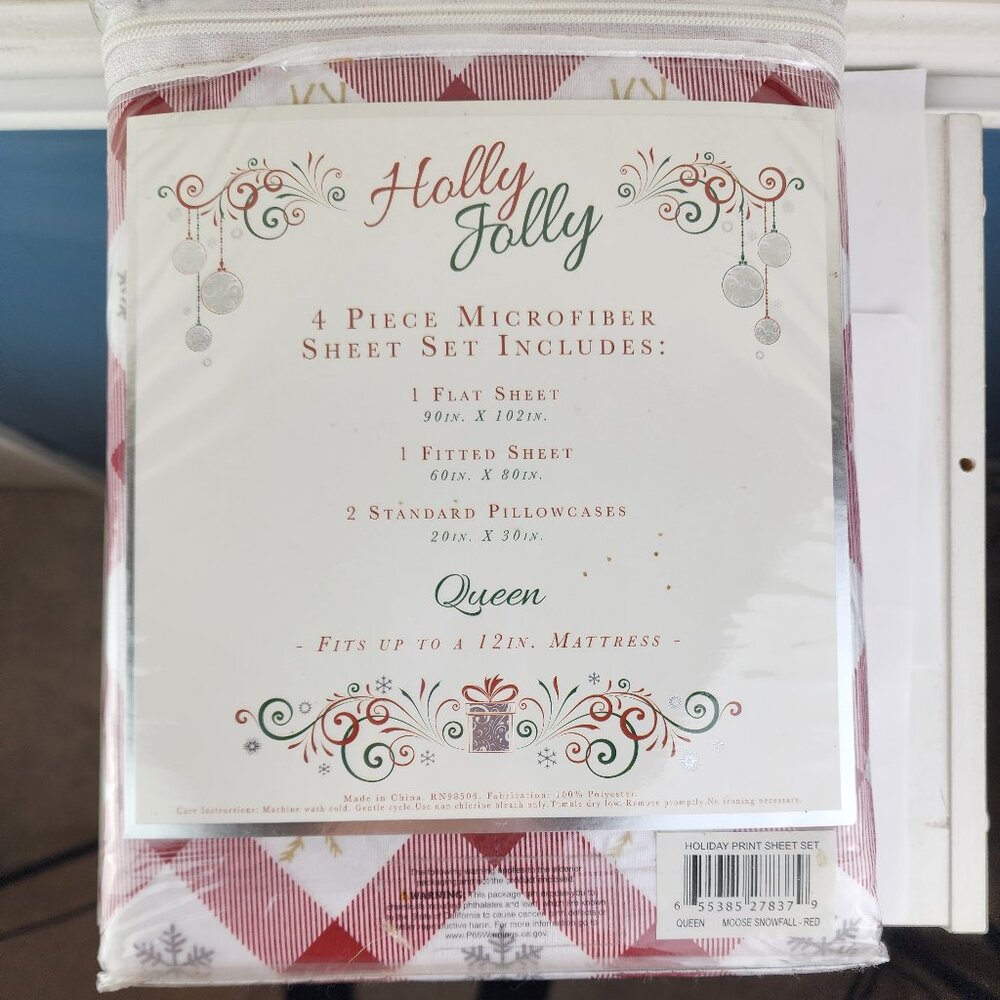 Holly Jolly 4 Piece Microfiber Queen Sheet Set Moose Snowfall Red NWT
